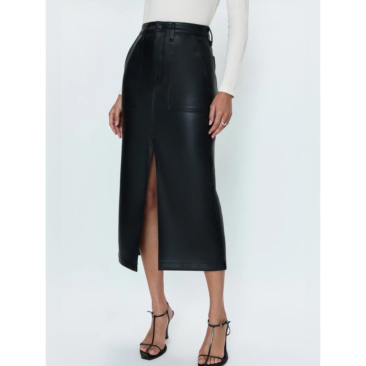 🆕 PISTOLA Alice Utility Vegan Leather Midi Skirt w/ Slit- Slate Black NWT SZ 28