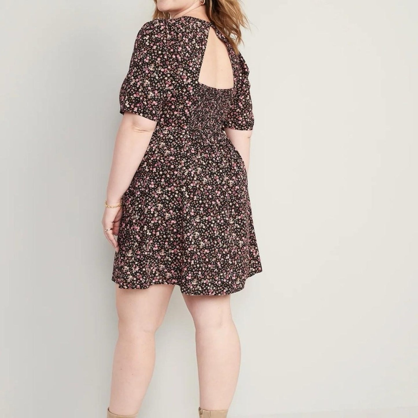 Old navy fit and flare puff sleeve black ditsy floral dress SZ LG