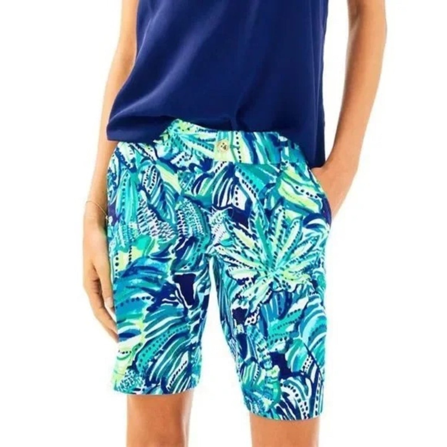 Lilly Pulitzer Madina Stretch Sateen Blue & Green 9” Bermuda SZ 4