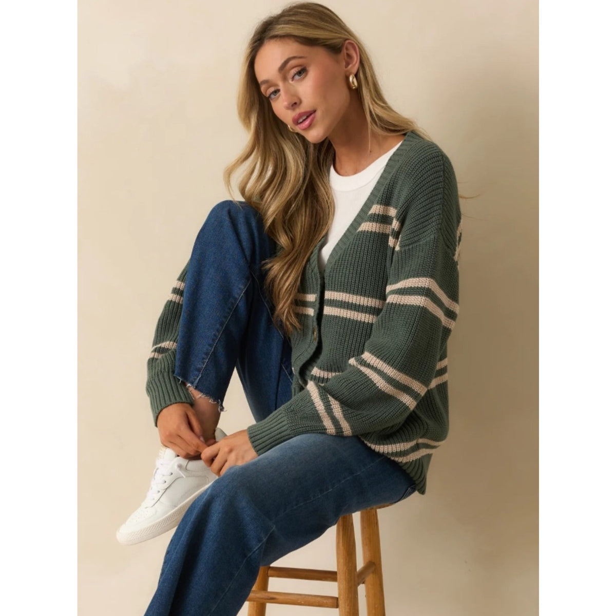 🆕 Z Supply Boyfriend Striped Cardigan In Green Cotton NWT SZ XS