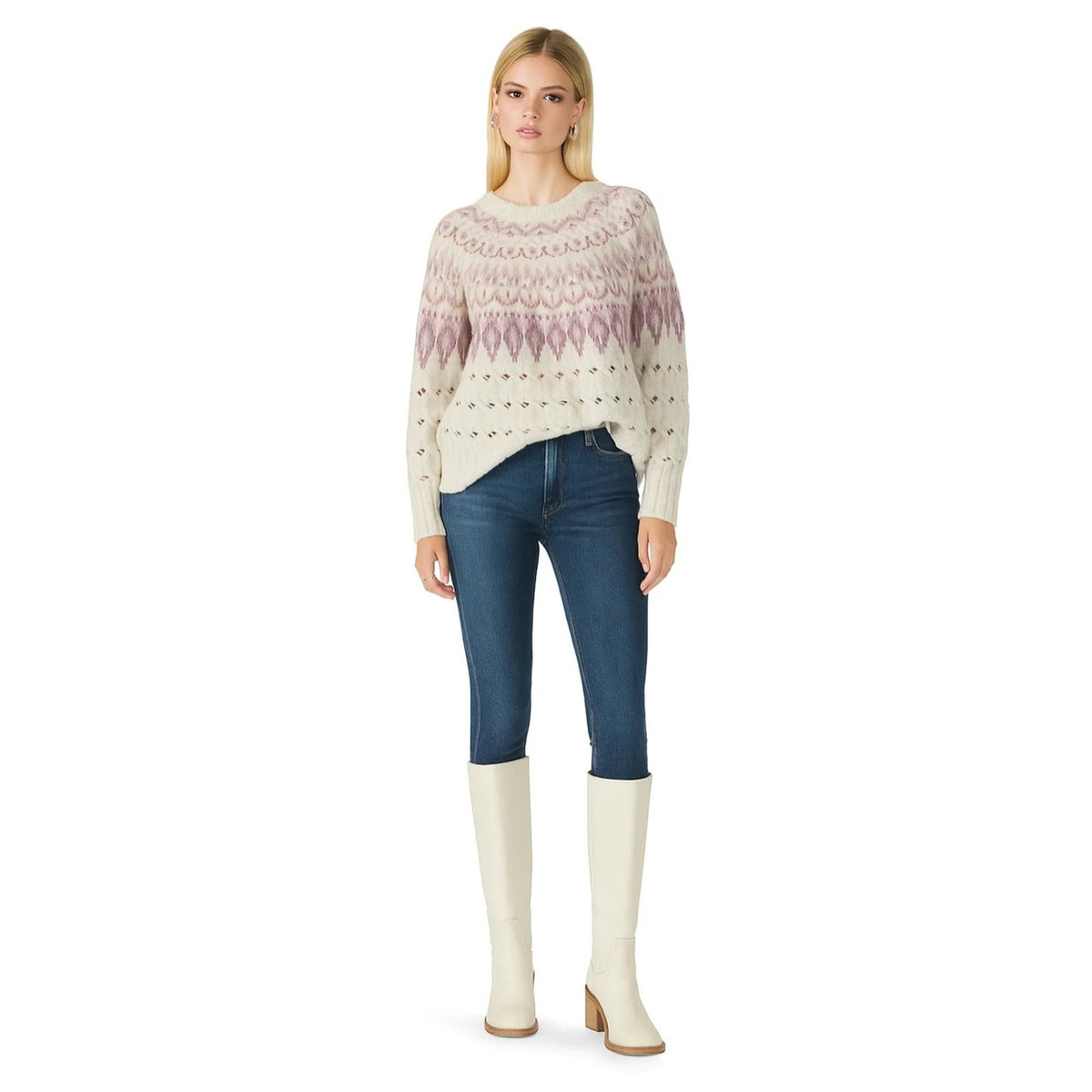 🆕 Steve Madden Suzette Fair Isle Crewneck Sweater-Cream/Pink SZ SM