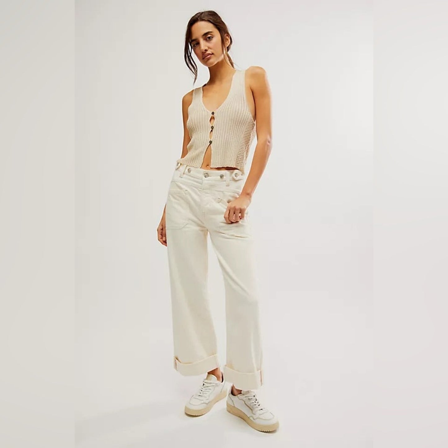 NEW Free People Cream Denim Wide Leg Pants SZ 30