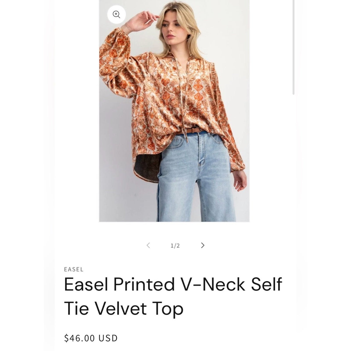 🆕 Easel Floral Velvet Peasant Blouse -Burnt Orange SZ MED