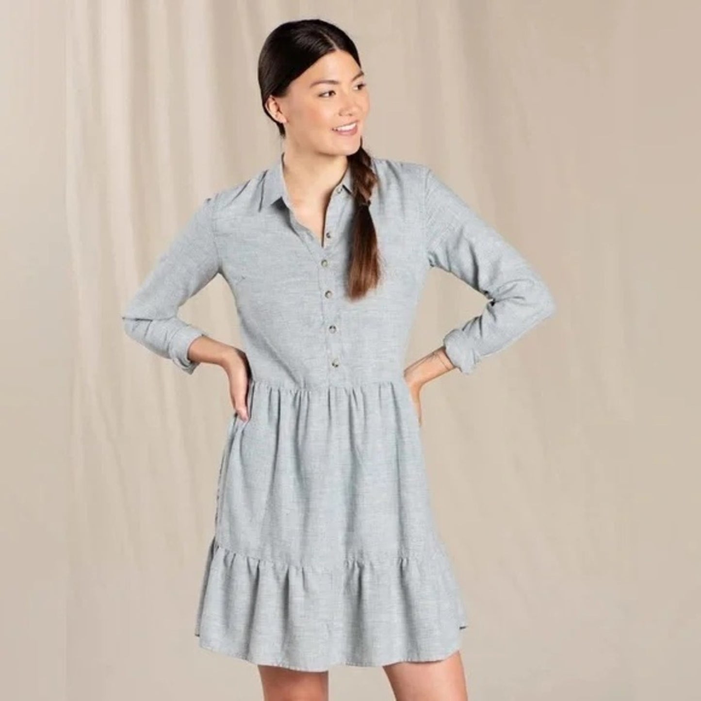 🆕 Toad & Co Reform Tiered Dress with pockets in Blue Slate Spacedye SZ LG