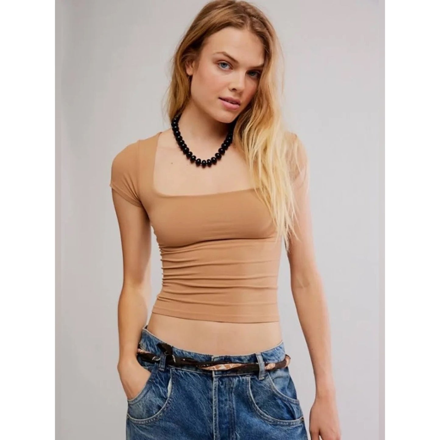 🆕 Free People Square Neck Baby tee Honey SZ XS/S