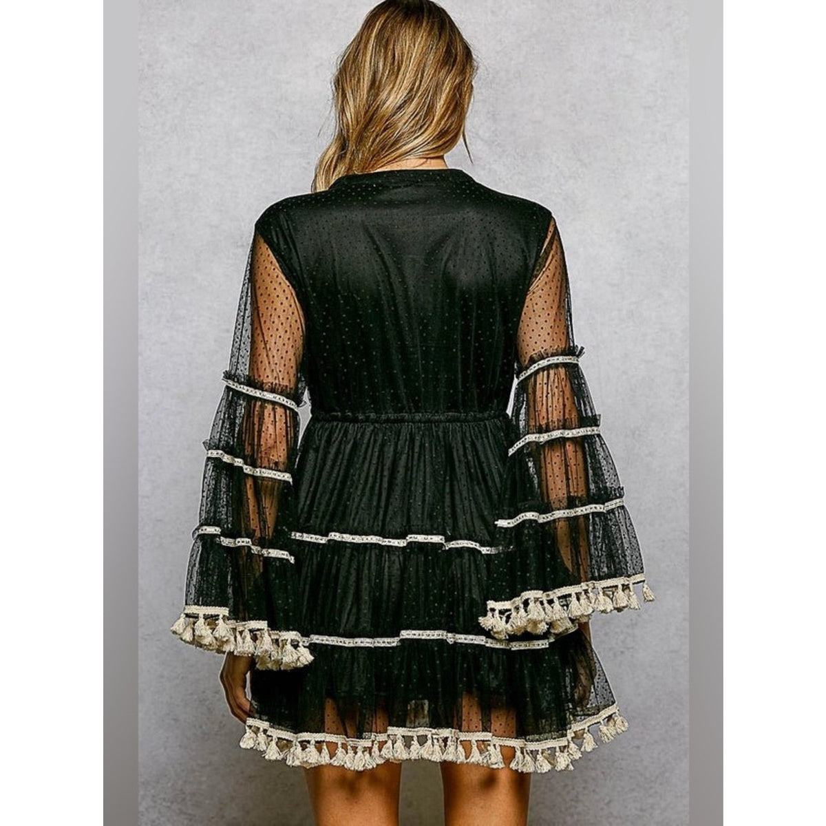 🆕 POL Fringe & Tassel Embroidered Mini Flare Dress SZ LG