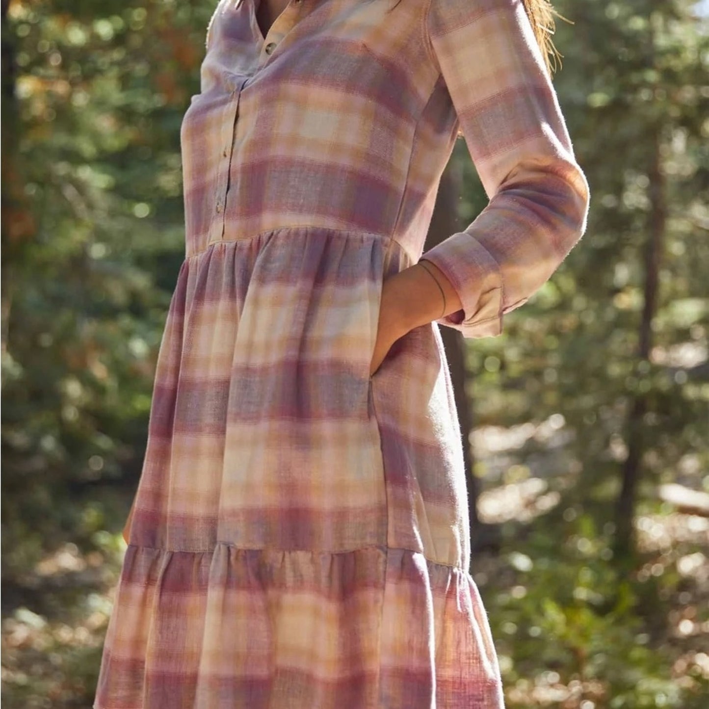 🆕 Toad & Co Reform Plaid Tiered Dress with pockets in Dawn SZ LG