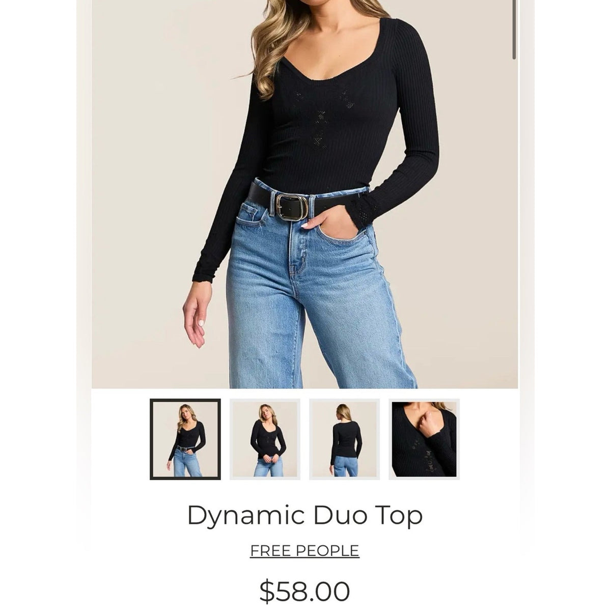 🆕 Free People Ribbed Scoop Neck Long-Sleeve Top-Black SZ M/L