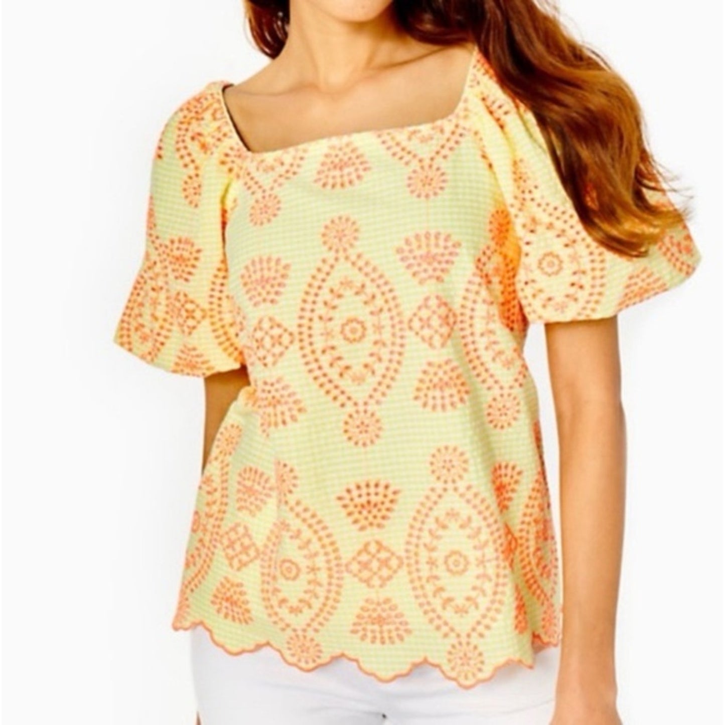 🆕 Lilly Pulitzer Lettie Eyelet calla yellow gingham seersucker Top SZ LG