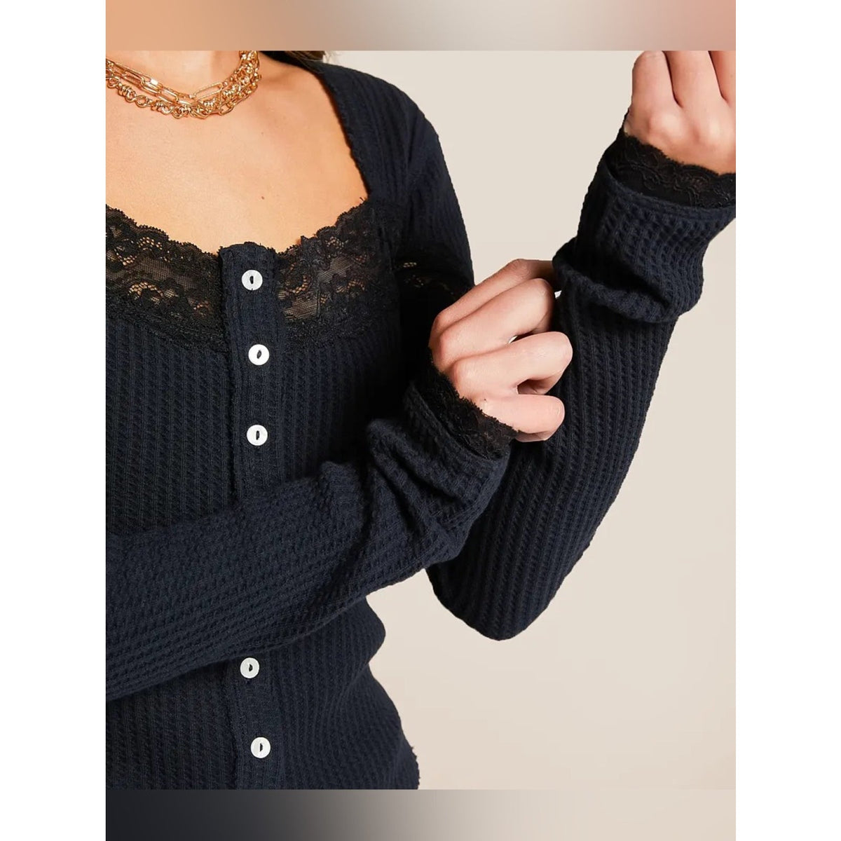 🆕 Free People Black Lace-Trim Ribbed Button-Front Cardigan SZ MD