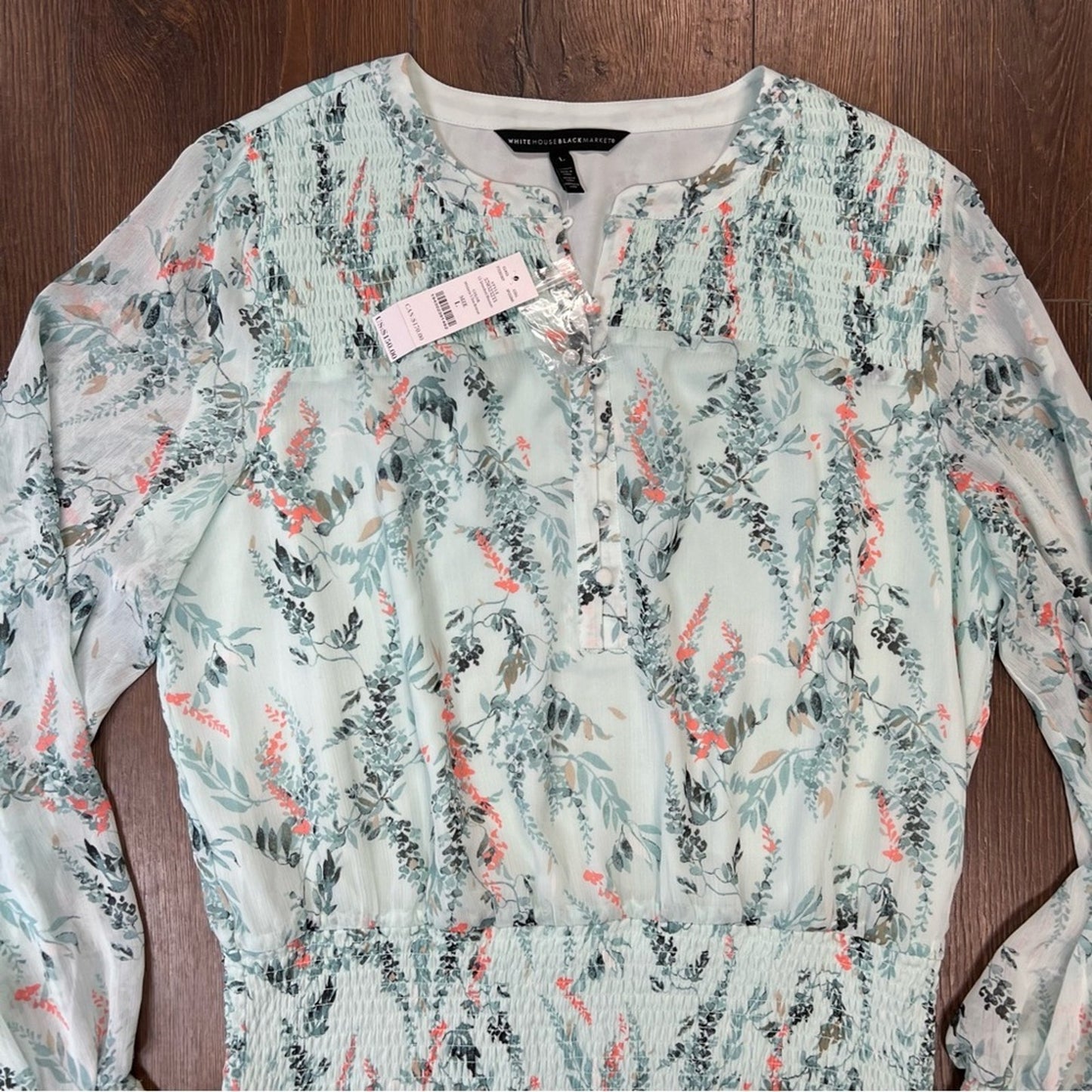 🆕 White House Black Market wisteria sea breeze smocked blouson dress SZ LG