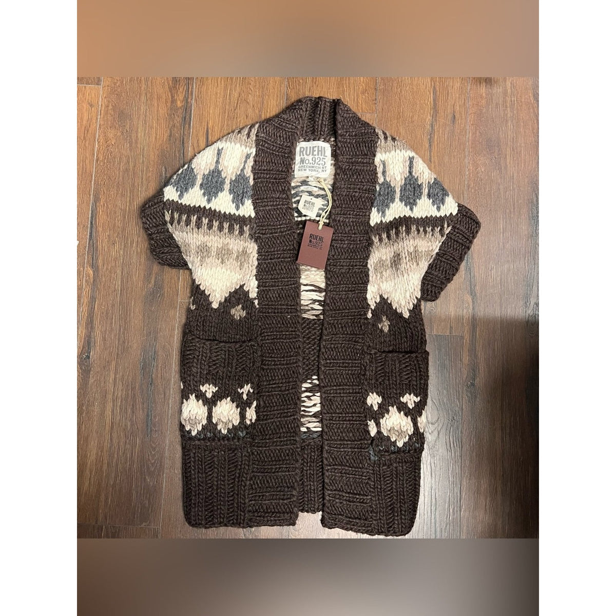 🆕 Ruehl No.925 Y2K Hand Knit Wool Brown/Cream Open-Front Cardigan SZ XS/S