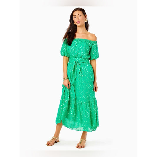 🆕 Lilly Pulitzer Tamie Off The Shoulder Midi Dress Botanical Green Metallic SZ L