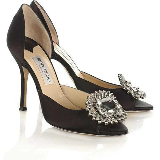 Jimmy Choo Black Satin Kendal‎ Open Toe Heels w/ Crystals SZ 38.5