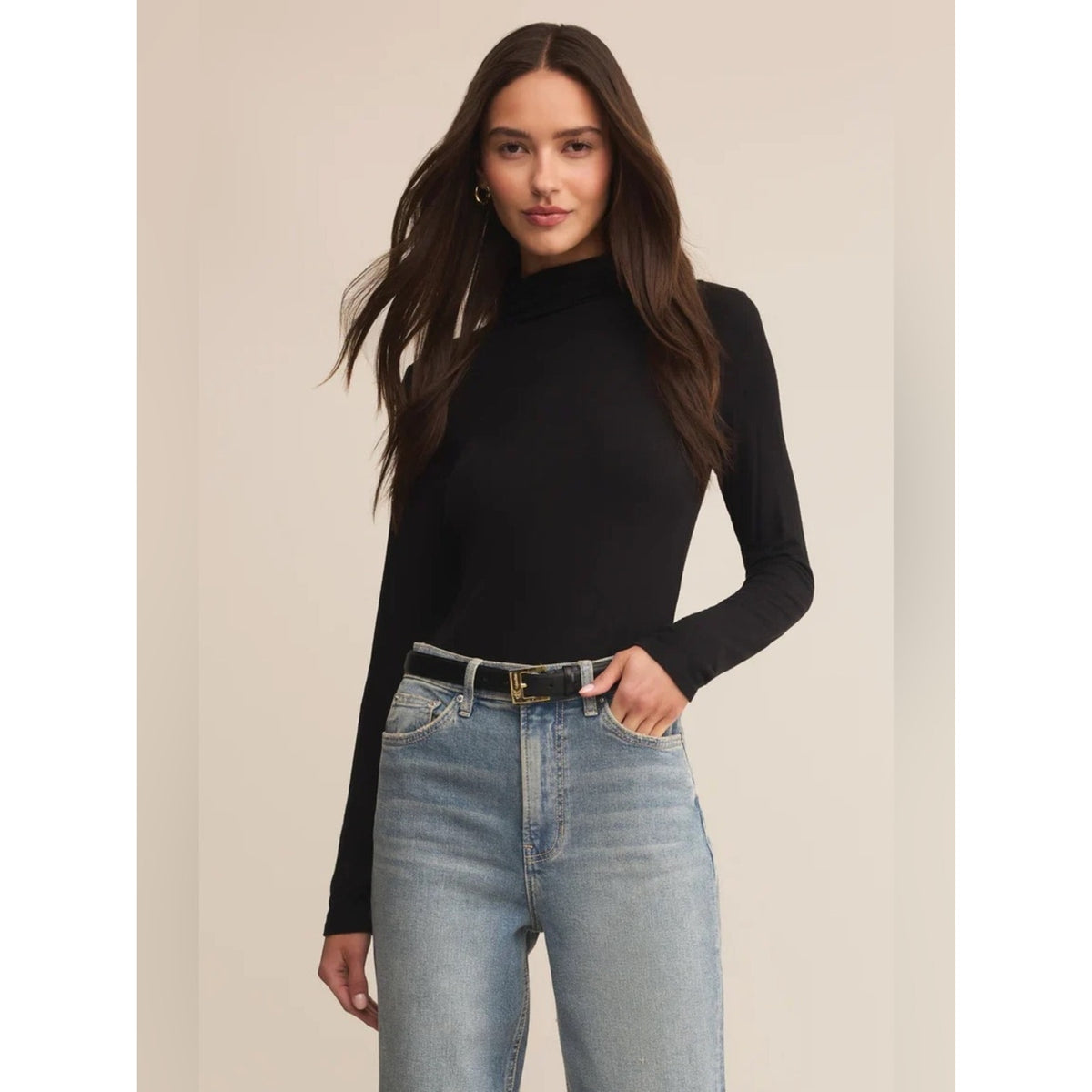 🆕 Z Supply Lira Black Long-Sleeve Mock Neck Top NWT SZ LG