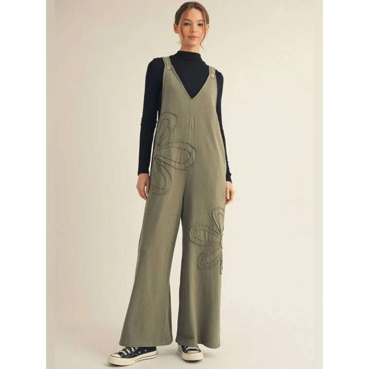 🆕 JODIFL Casual Olive Green Floral Applique Wide-Leg Jumpsuit SZ MED