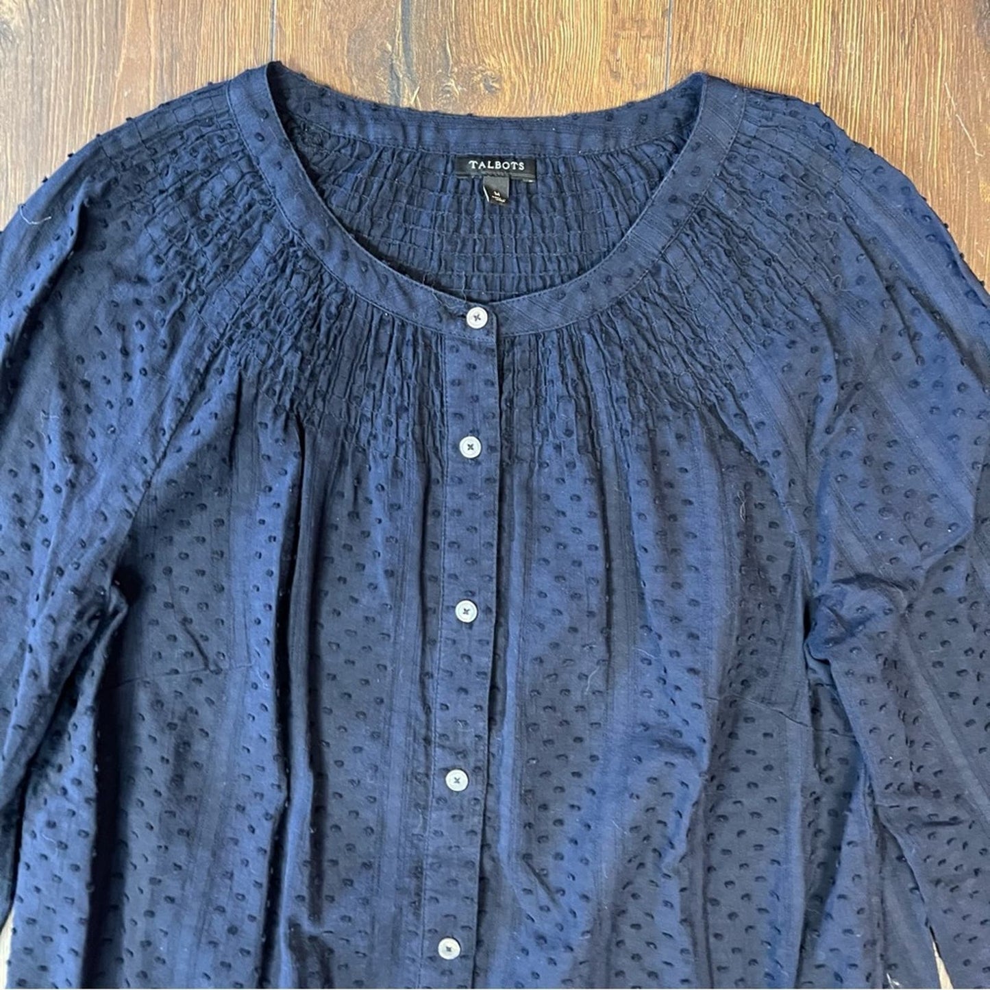 Talbots swiss dot smock neck top SZ MED