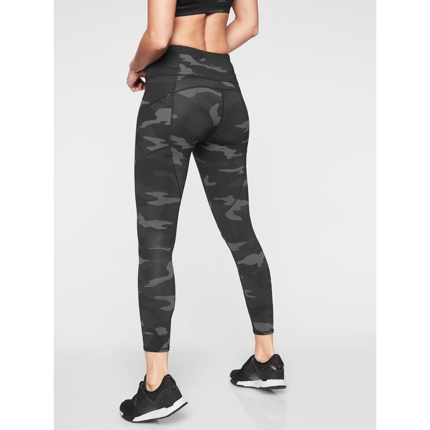 ATHLETA Contender Black Gray CAMO 7/8 Tight Leggings Zip Pockets Size SM
