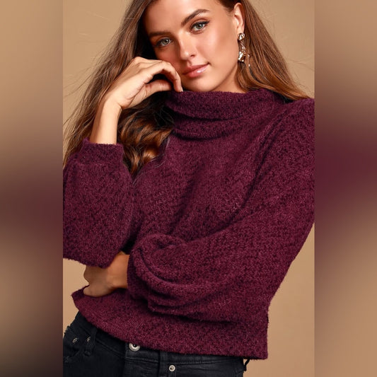 Lulu’s Avrina Wine Red Knit Turtleneck Cropped Sweater Top SZ XL