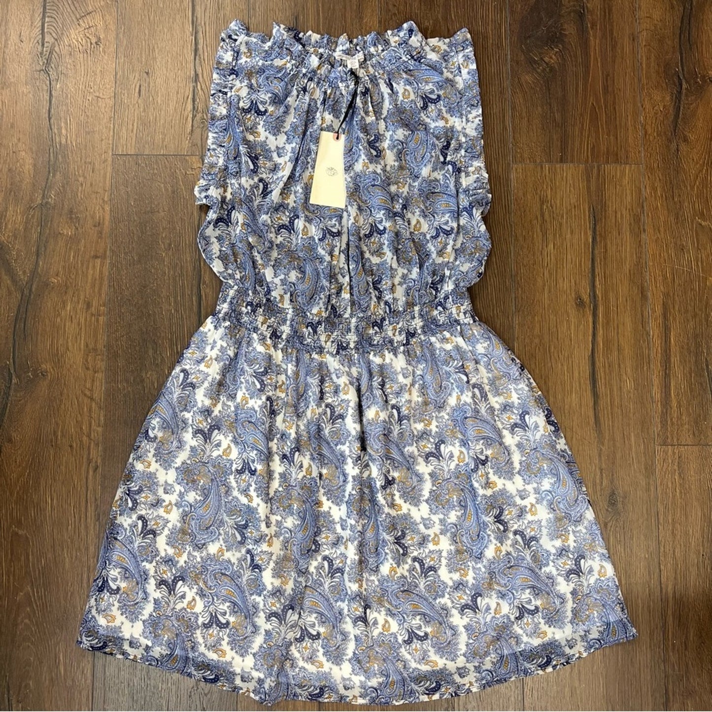 🆕 Elaine Rose, purple and yellow Paisley smocked waste, high collar dress SZ LG