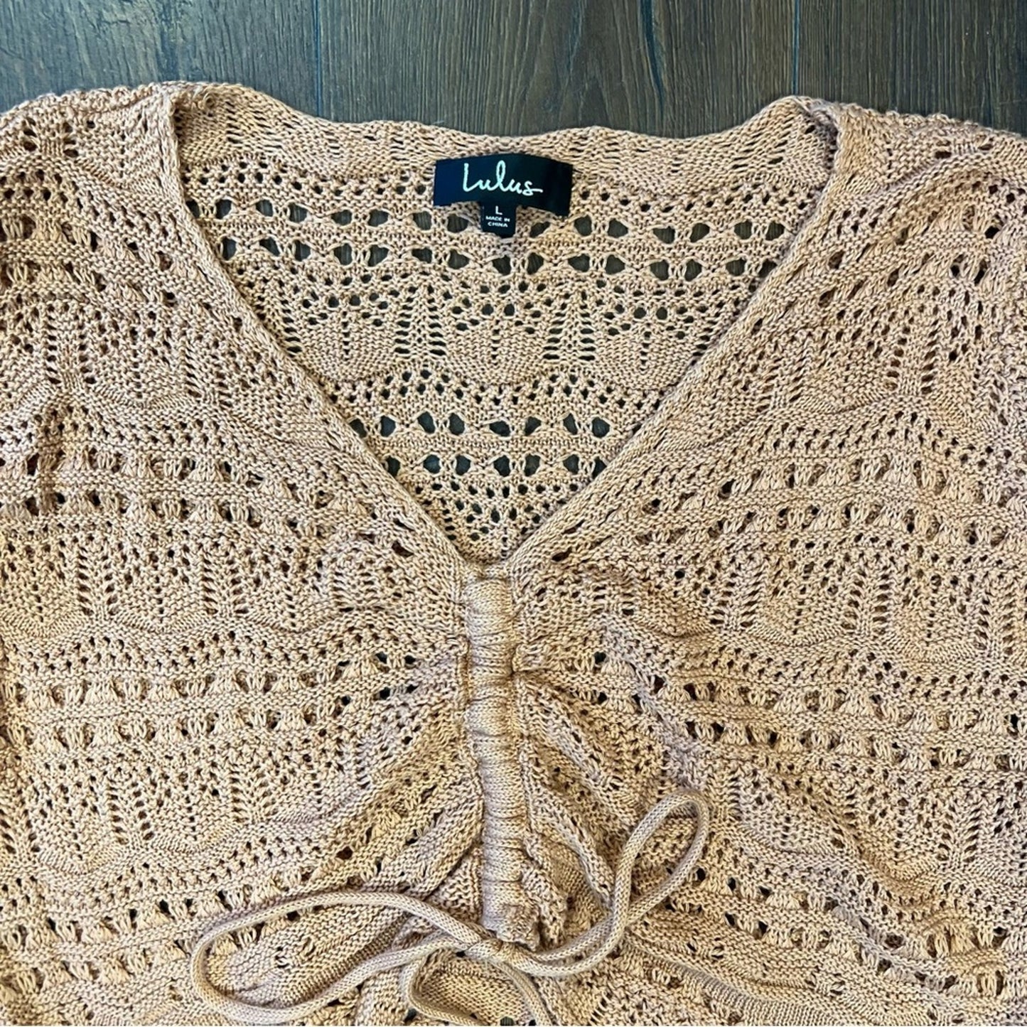 Lulu’s Only Yours Beige Sheer Crochet Ruched Sweater Top SZ LG