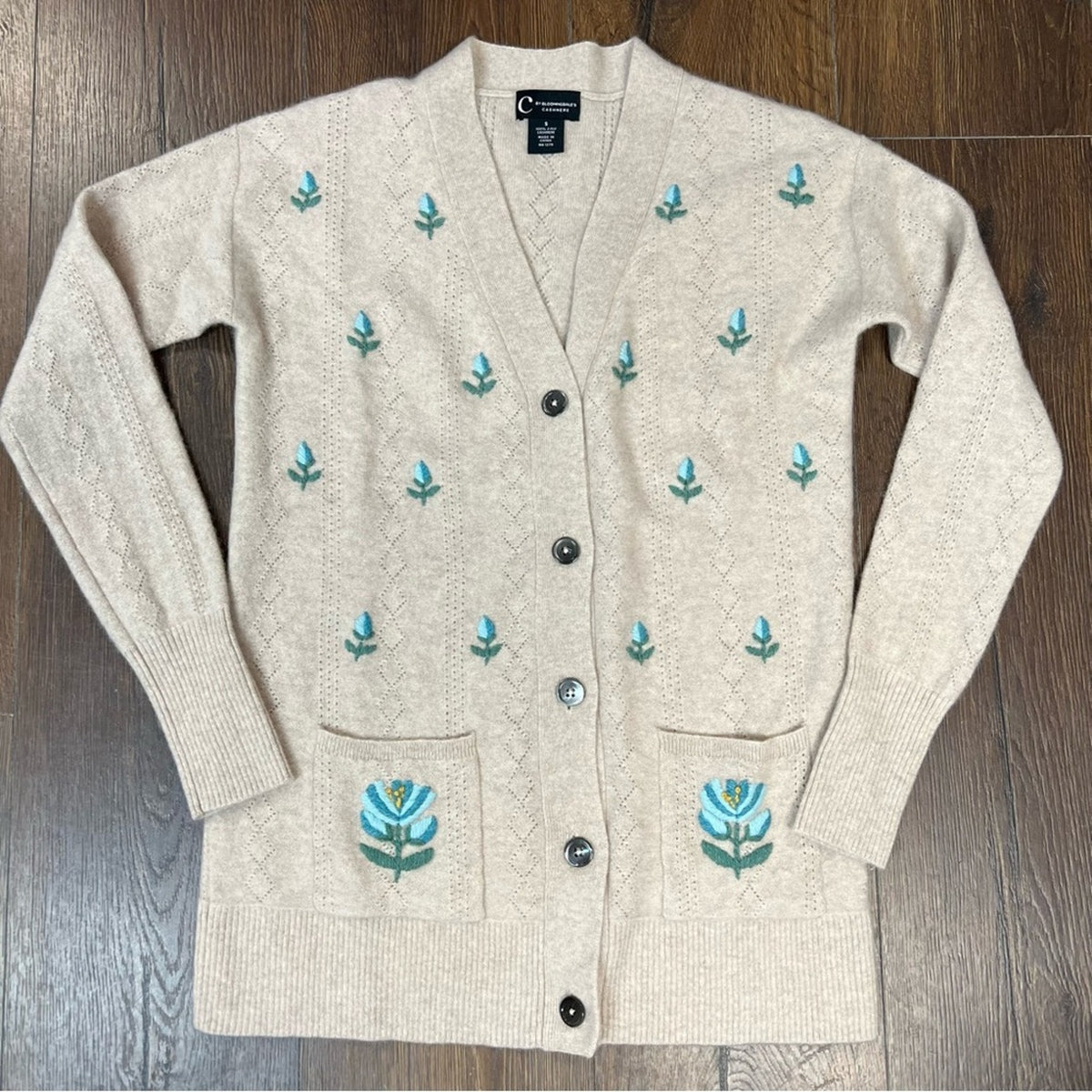 C‎ by Bloomingdale's Cashmere Tan & Blue Floral Grandfather Cardigan SZ SM