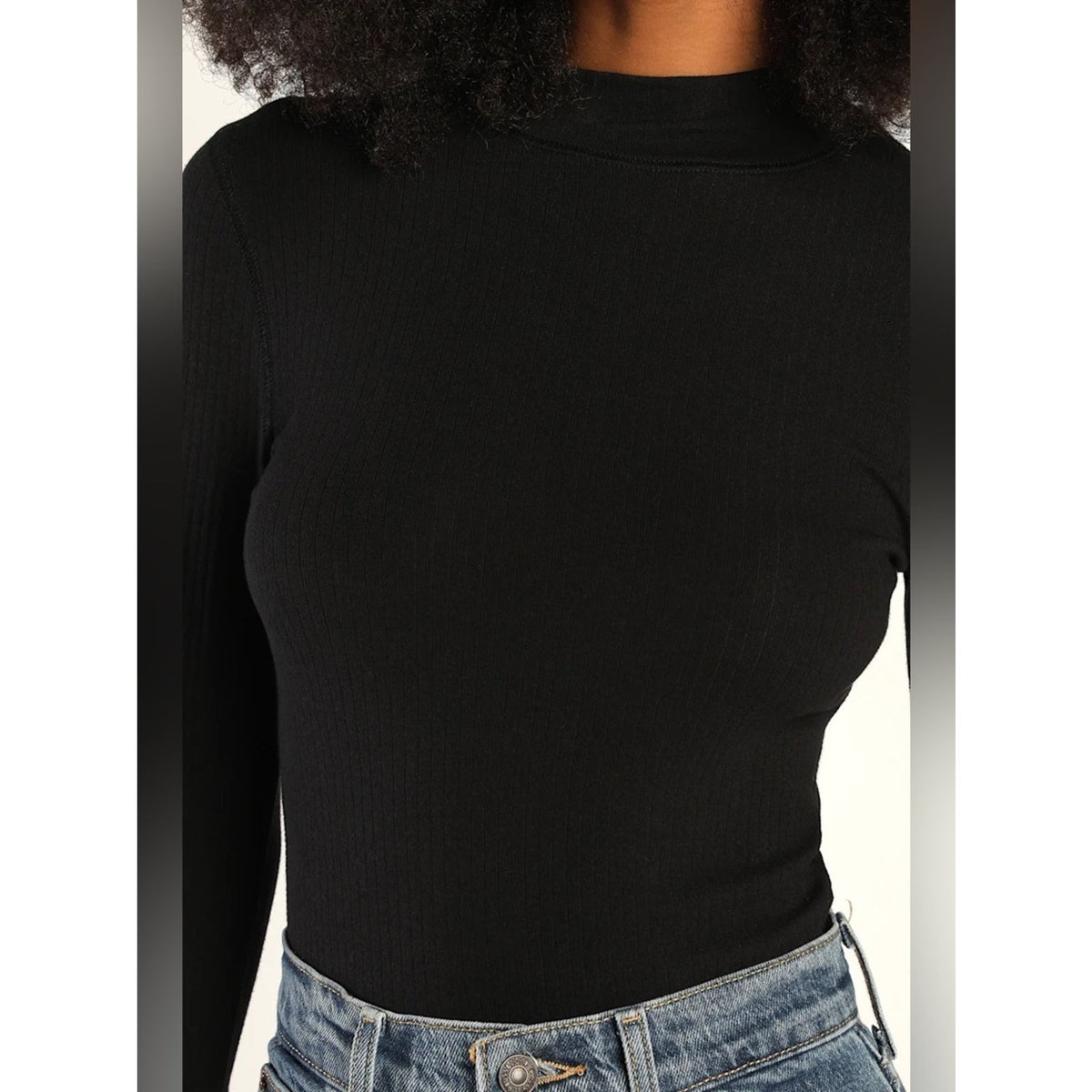 🆕 Free People The Rickie Black Ribbed Mock Neck Long Sleeve Top SZ LG