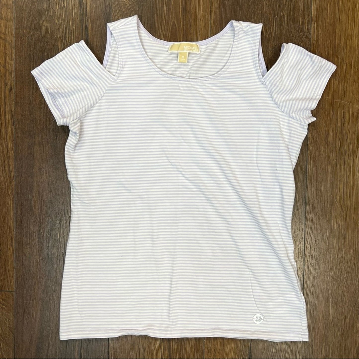 Michael Kors, purple striped cold shoulder tee SZ MED