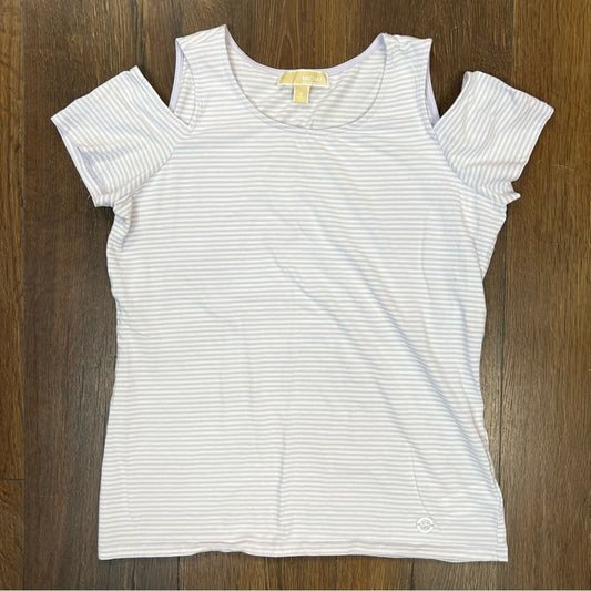 Michael Kors, purple striped cold shoulder tee SZ MED