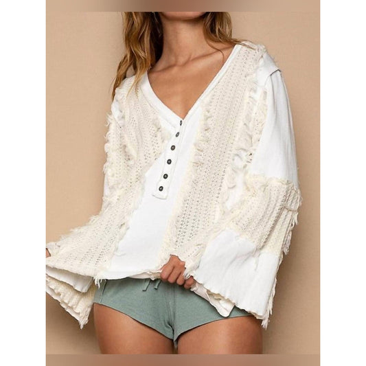 🆕 POL Flare Sleeve Contrast Panels V-neck Top SZ LG