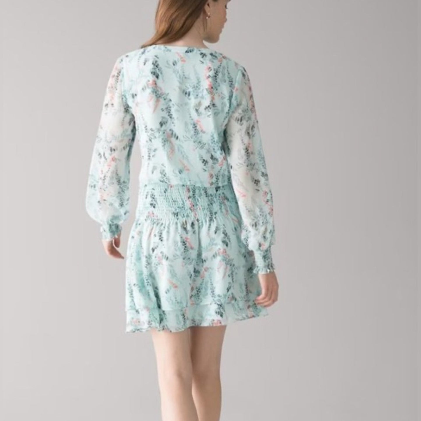 🆕 White House Black Market wisteria sea breeze smocked blouson dress SZ LG