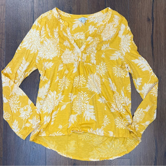 Lucky brand, yellow floral smocked blouse SZ LG