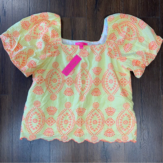 🆕 Lilly Pulitzer Lettie Eyelet calla yellow gingham seersucker Top SZ LG