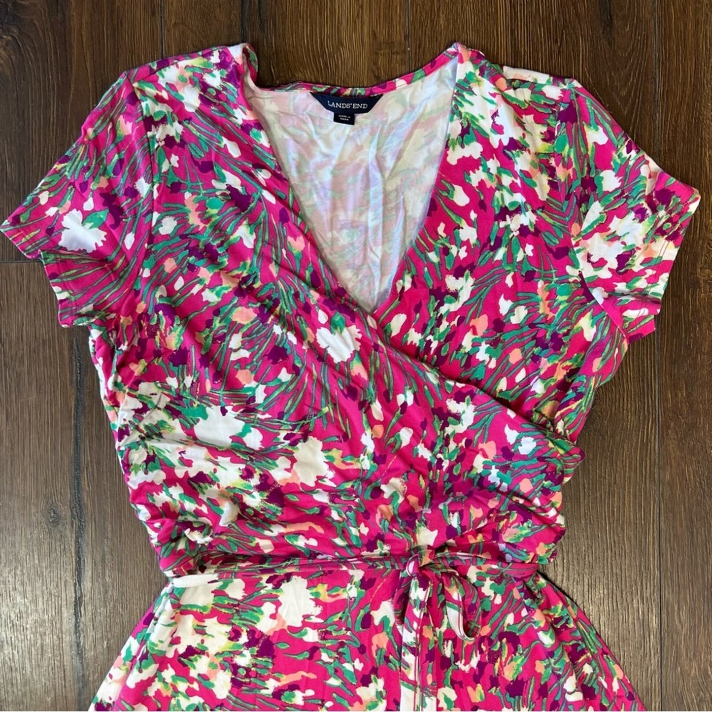 Lands End Pattern Knit Shirred Surplice Dress SZ SM