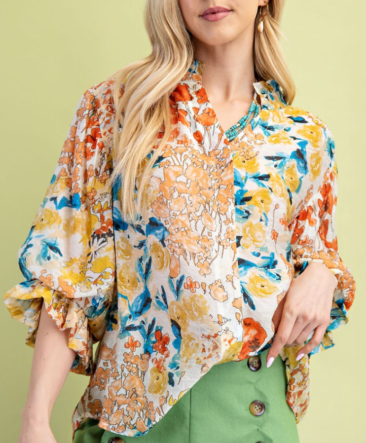 NWOT JODIFL EAST FLORAL PUFF SLEEVE TOP SZ SM