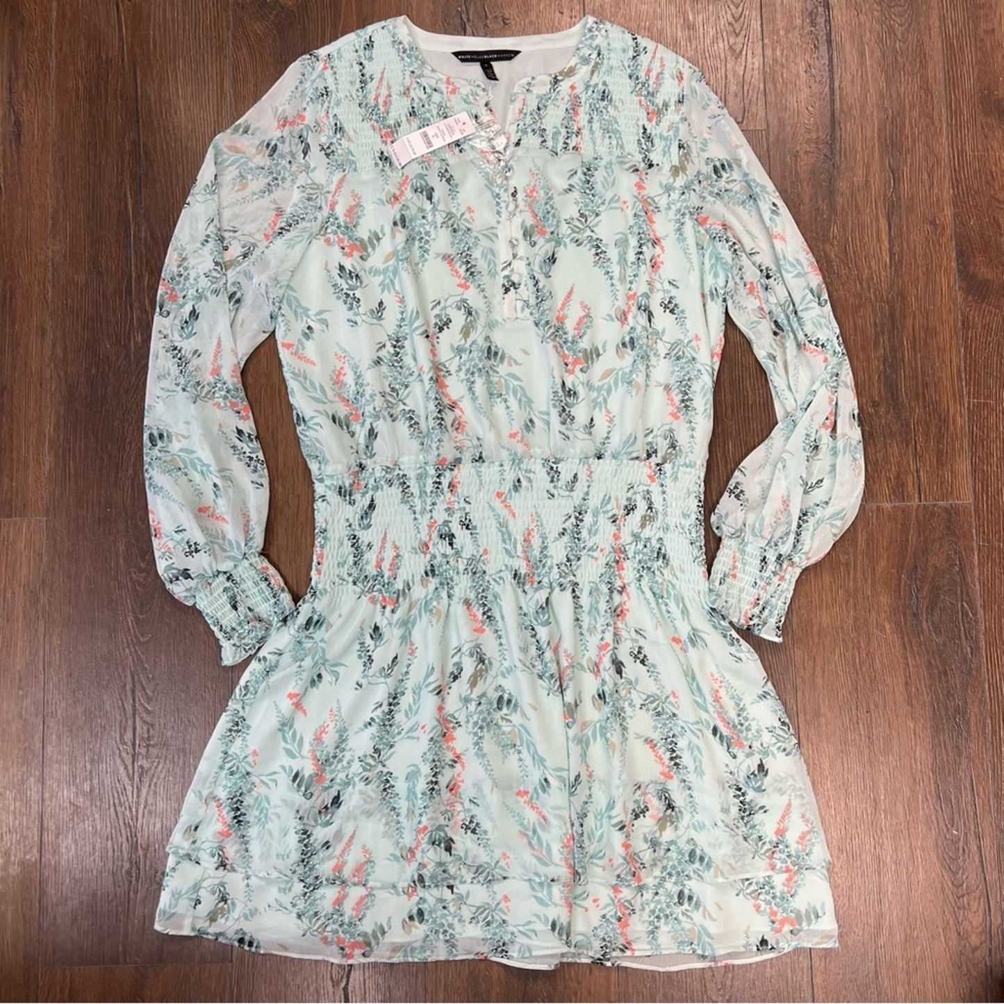 🆕 White House Black Market wisteria sea breeze smocked blouson dress SZ LG