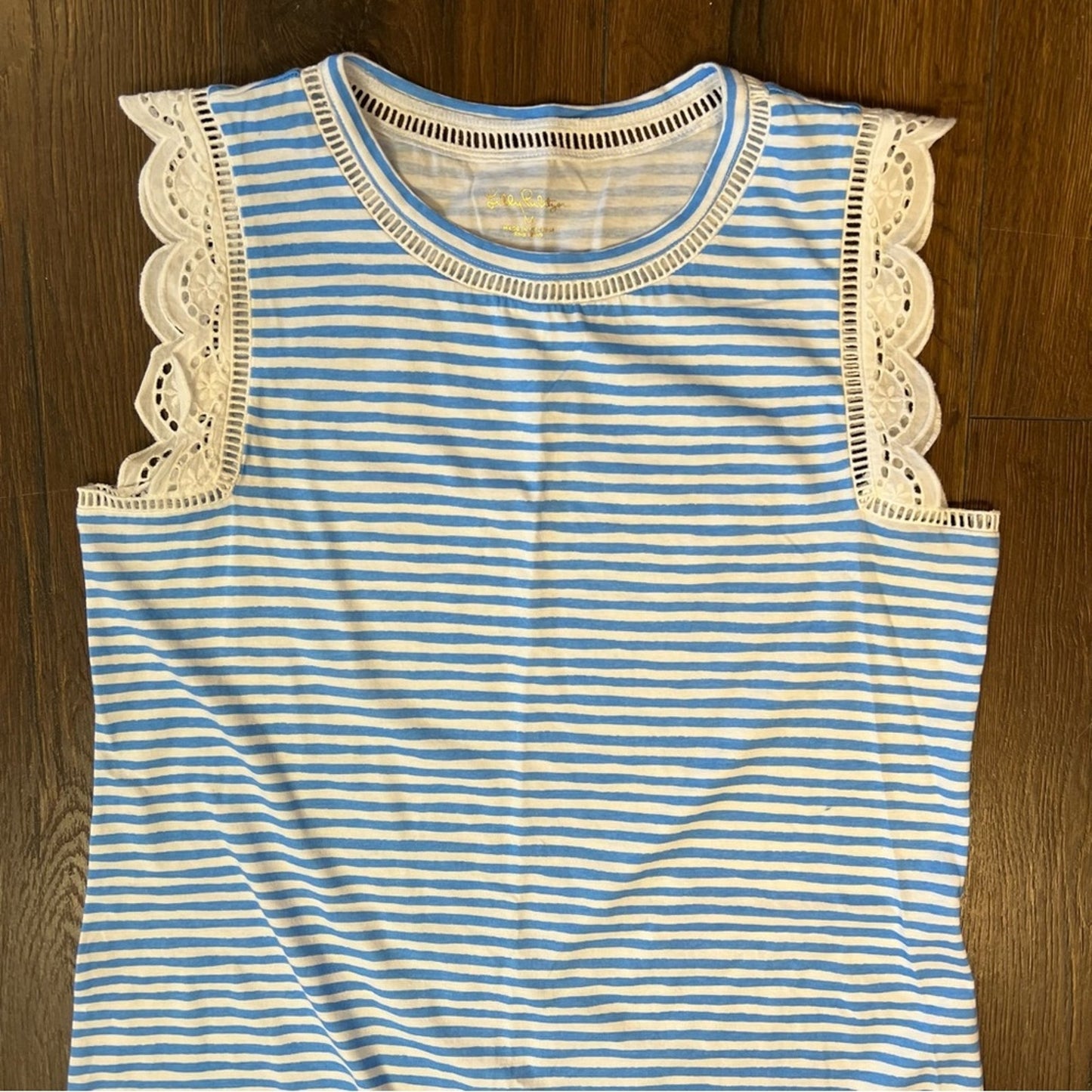 Lilly Pulitzer Zanzibar Blue White Lace Beach Happy Stripe Agee Dress SZ MED
