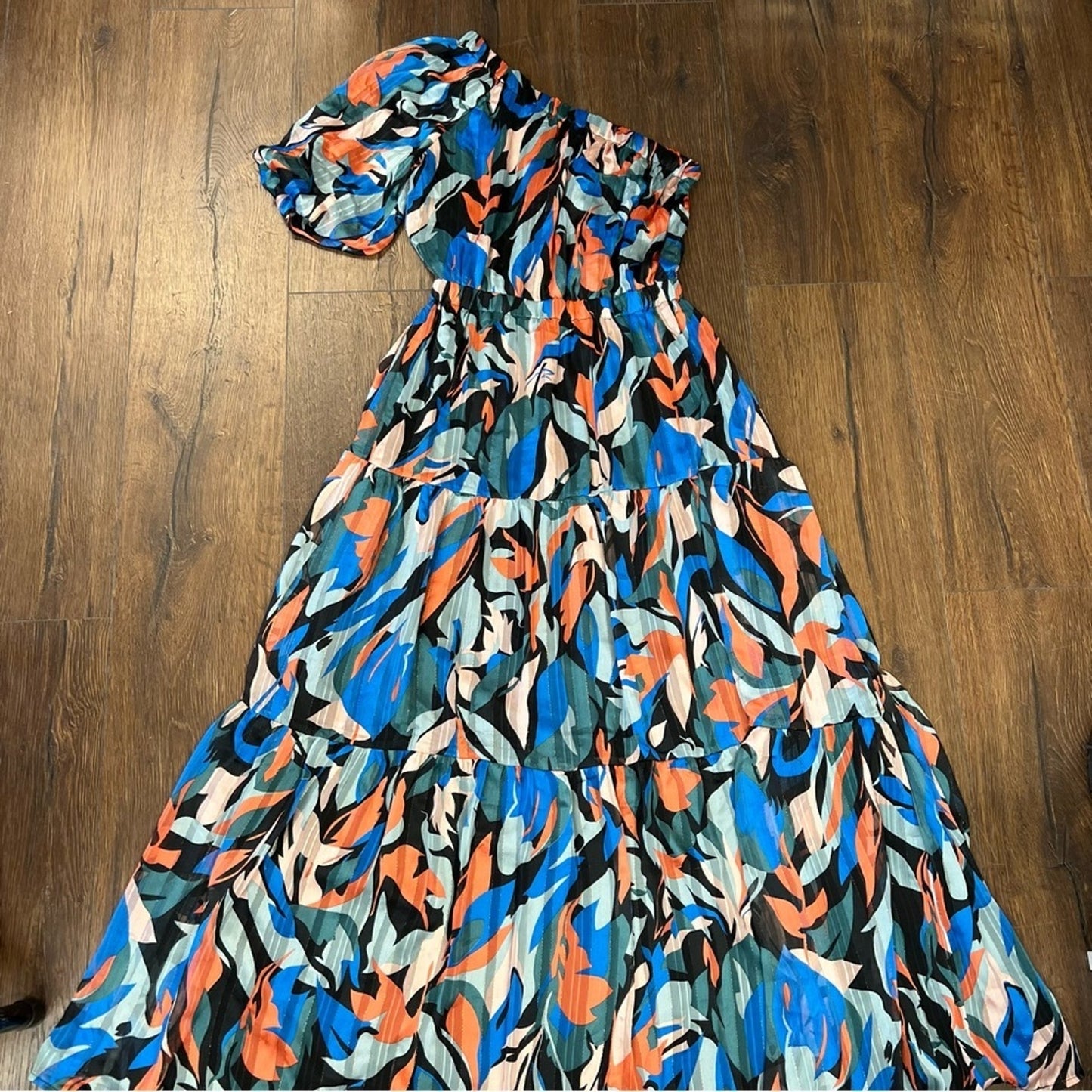 Lulu’s Essence of Enchantment Black Multi Lurex One Shoulder Maxi Dress SZ SM