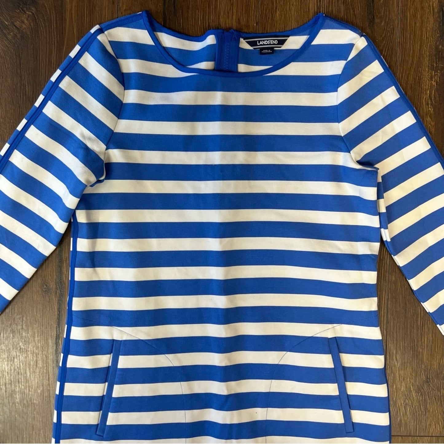Lands’ End Nautical Stripe PONTE Shift Dress Blue White 3/4 Sleeve SZ 6Tall