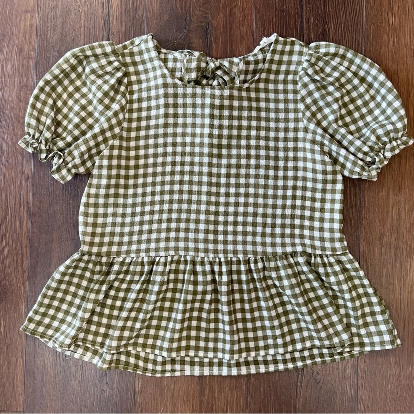 MINE Work For You Olive Green Gingham Top SZ SM