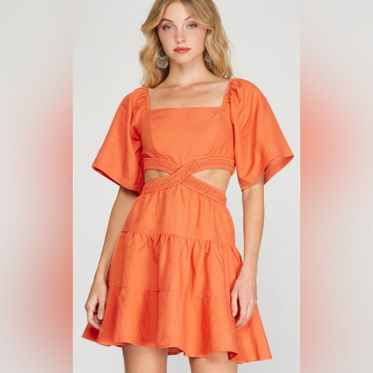 She + Sky flitter half sleeve linen tiered dress with open waist SZ MED