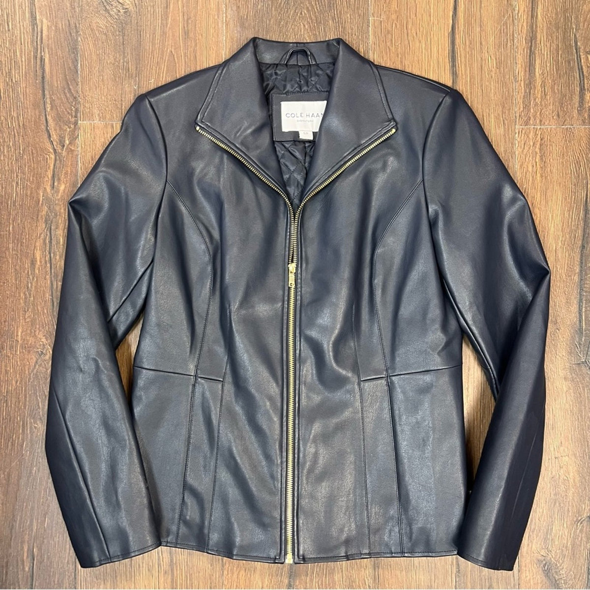 Cole Haan Navy Wing Collar Faux Leather Leather‎ Jacket SZ SM