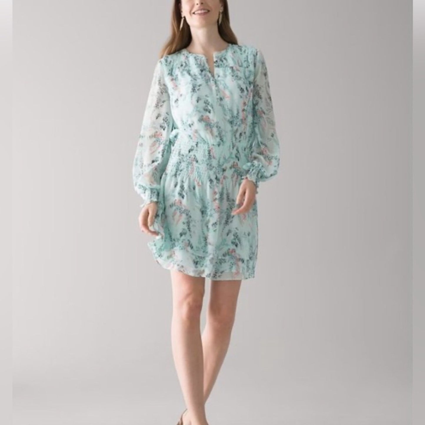 🆕 White House Black Market wisteria sea breeze smocked blouson dress SZ LG
