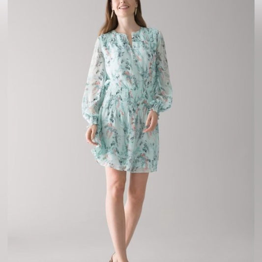 🆕 White House Black Market wisteria sea breeze smocked blouson dress SZ LG