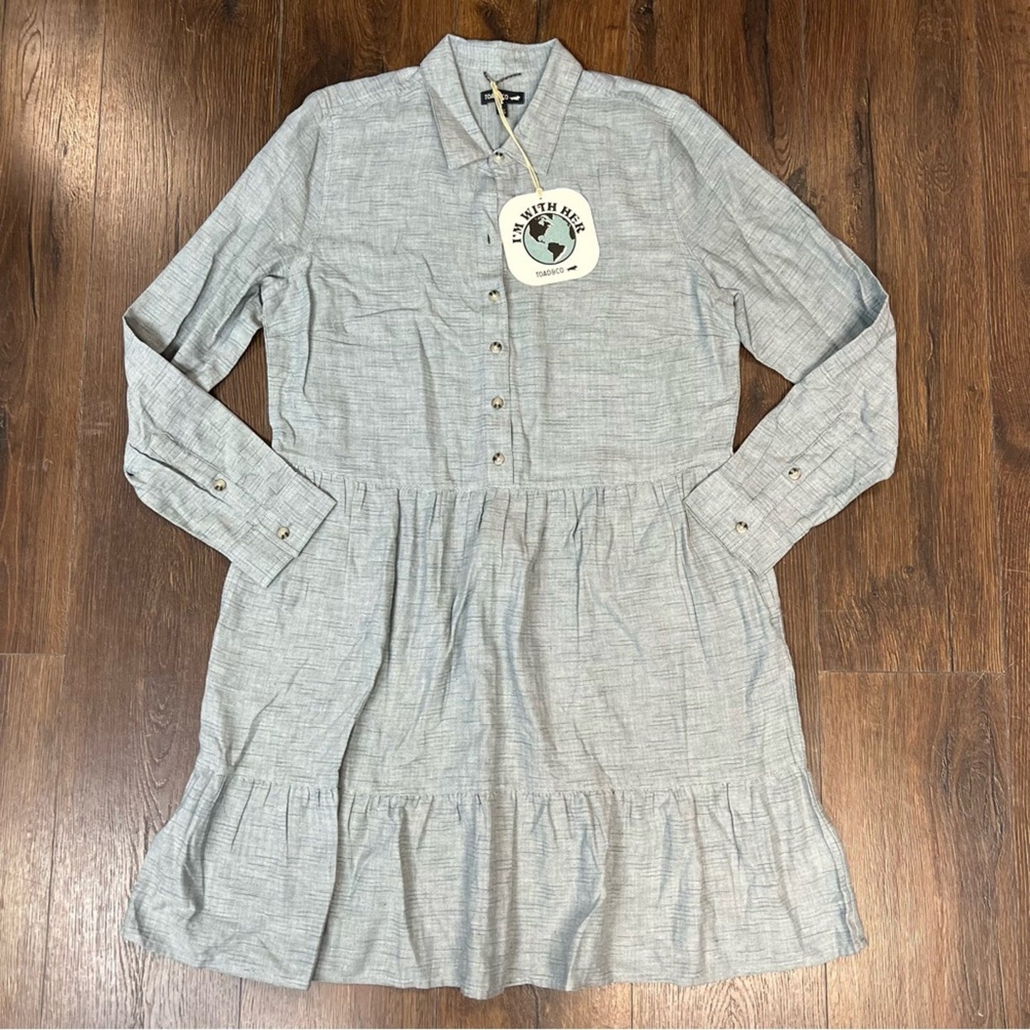 🆕 Toad & Co Reform Tiered Dress with pockets in Blue Slate Spacedye SZ LG