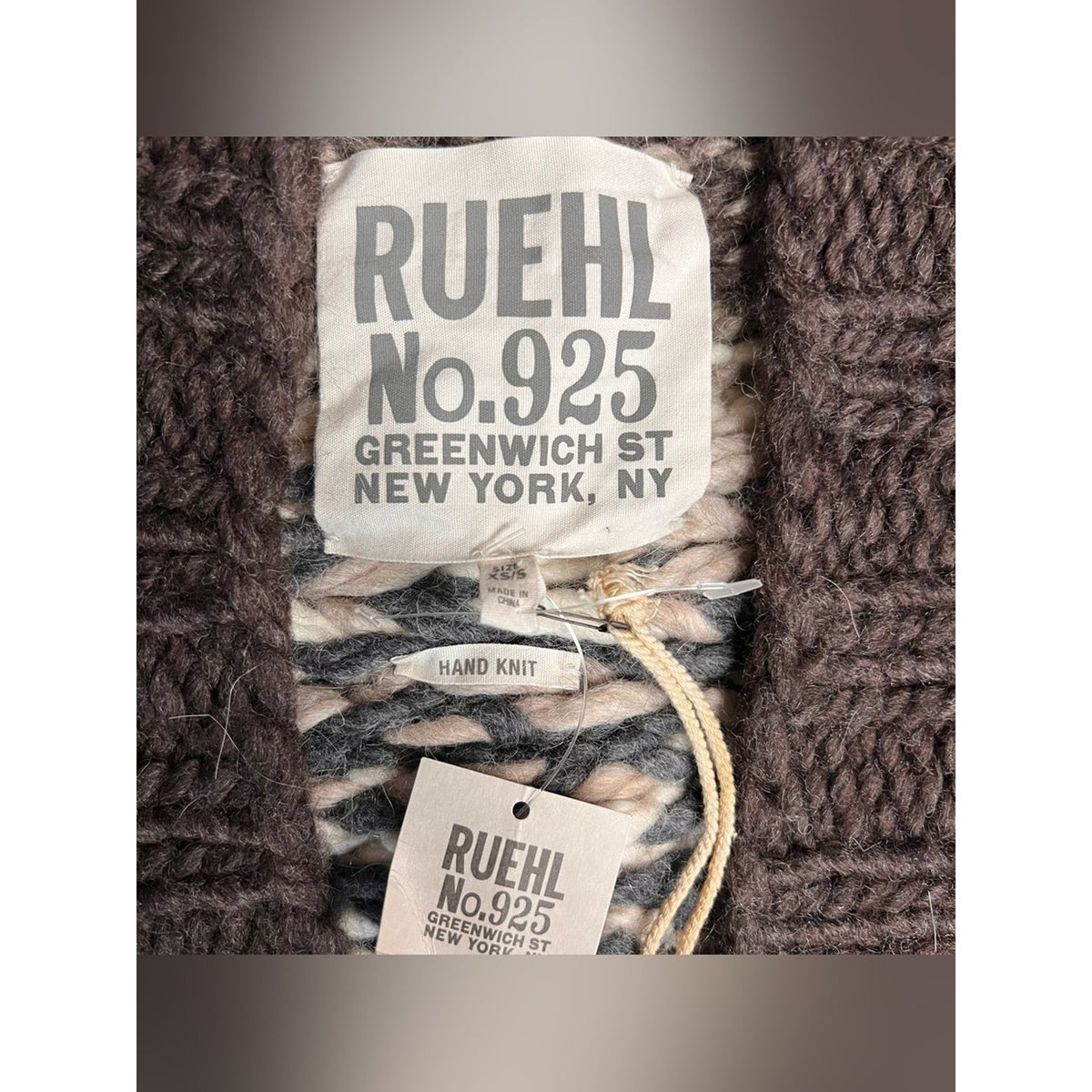 🆕 Ruehl No.925 Y2K Hand Knit Wool Brown/Cream Open-Front Cardigan SZ XS/S