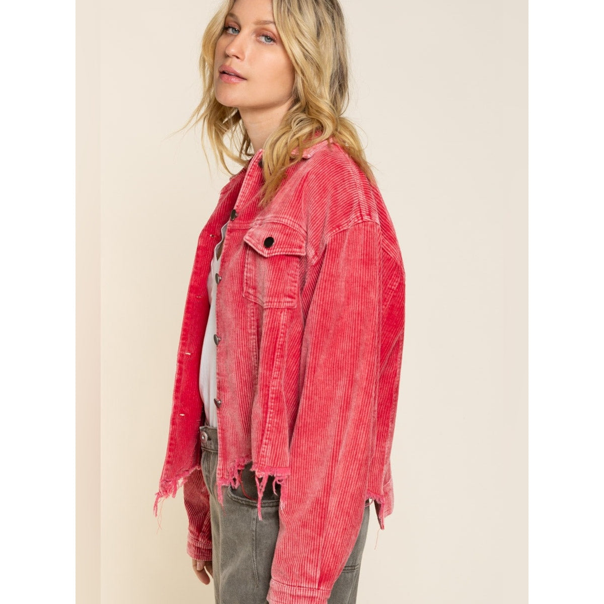 🆕 POL Raw Hem Front Button Down Corduroy Trucker Jacket SZ MED