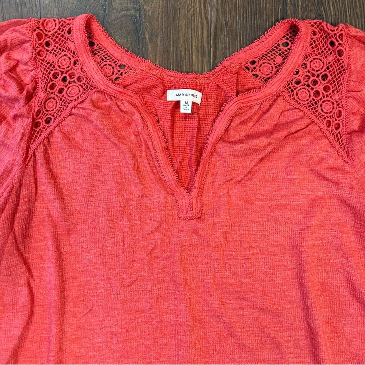 Max studio red three-quarter sleeve crocheted top SZ MED