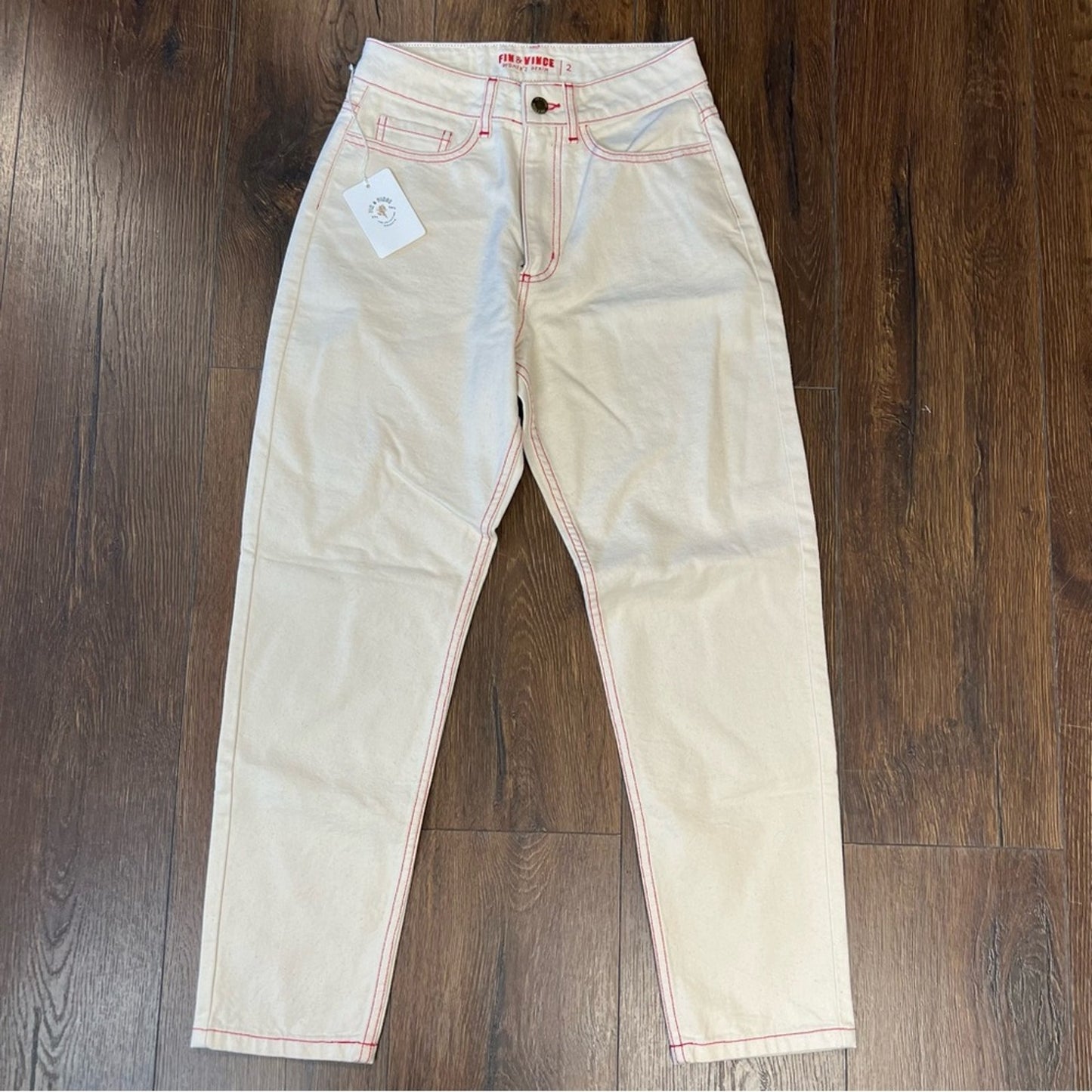 🆕 Fin & Vince ivory with red thread vintage jeans SZ 2