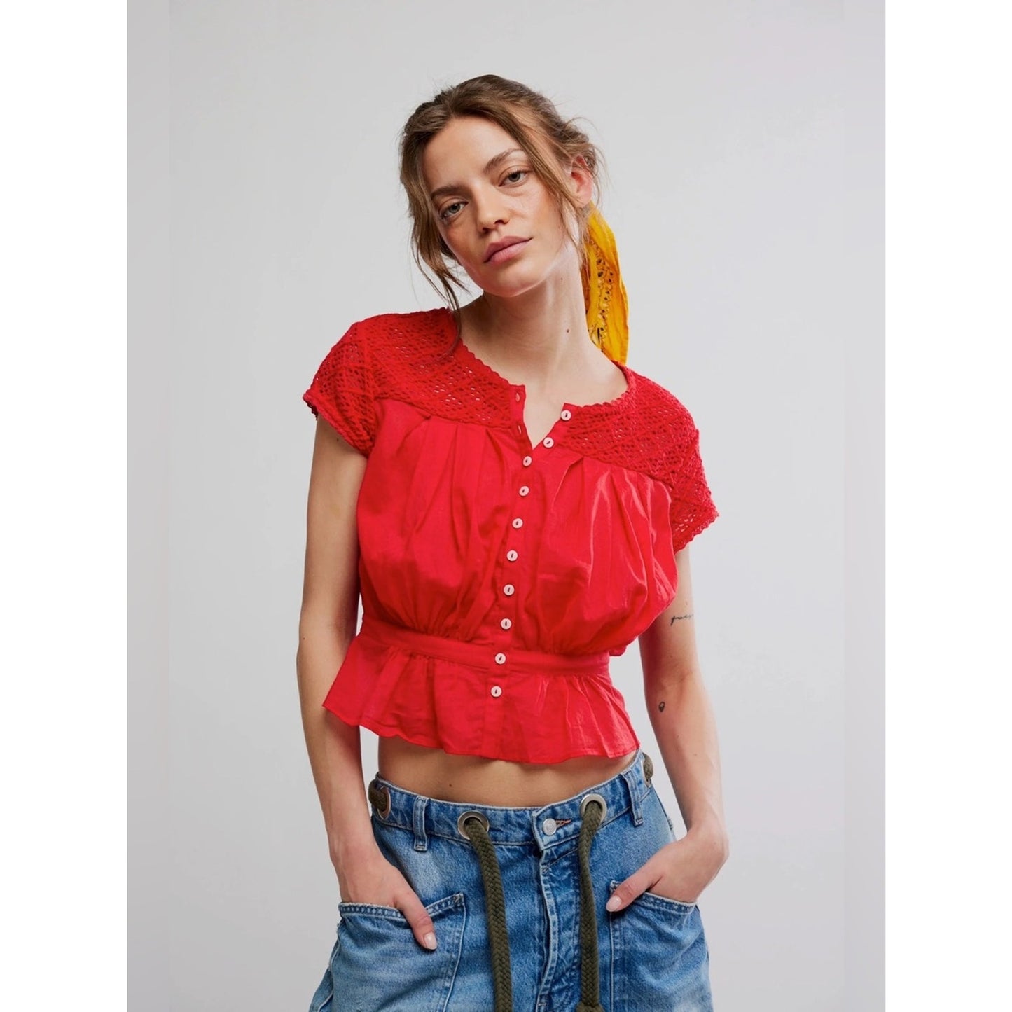 🆕 FREE PEOPLE Red Peplum Top NWT SZ SM